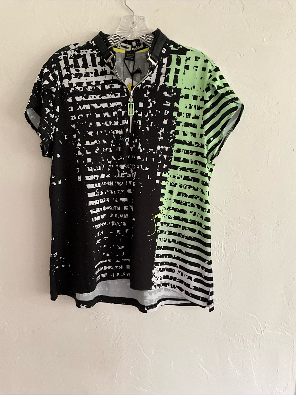 Jamie Sadock Short Sleeve Golf Top Large Jet Black Lime Green Nwt